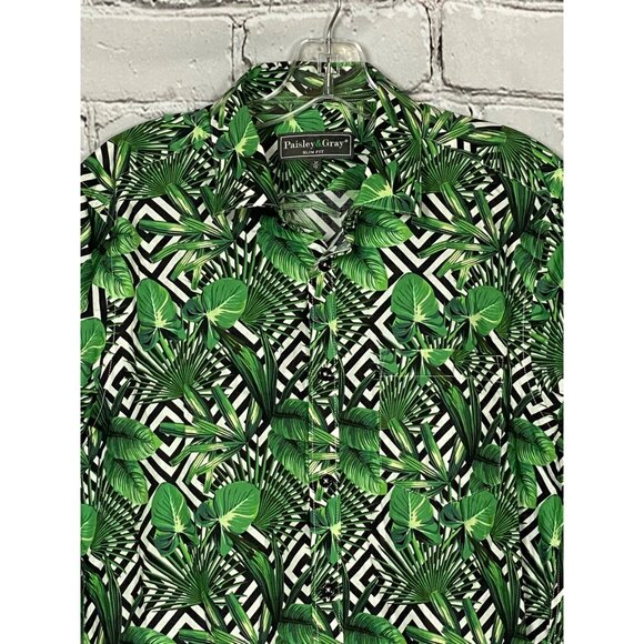 Paisley & Gray Mens Size 16 Slim Fit Green Tropical Sport Shirt Spread Collar - Picture 4 of 7